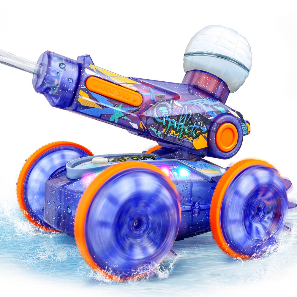 BEZGAR Pool Toys for Kids, Amphibious Remote Control Car Toys for Ages 6-8, RC Stunt Car with Water Gun for Boys and Girls 8-12, Remote Control Boat with Light(Blue)