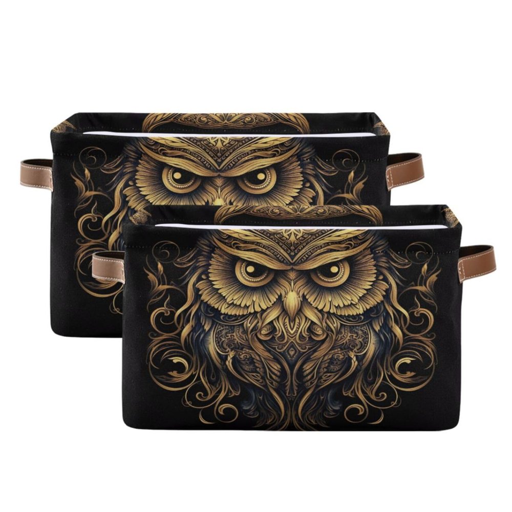 Maunzc Abstract Funny Owl Storage Bins Collapsible Storage Basket with Metal Frame, Fabric Shelves Bins Closet Baskets with Handles, 2-Pack
