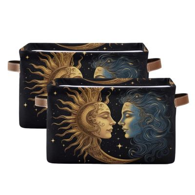 Maunzc Sun and Moon Storage Bins Collapsible Storage Basket with Metal Frame, Fabric Shelves Bins Closet Baskets with Handles, 2-Pack