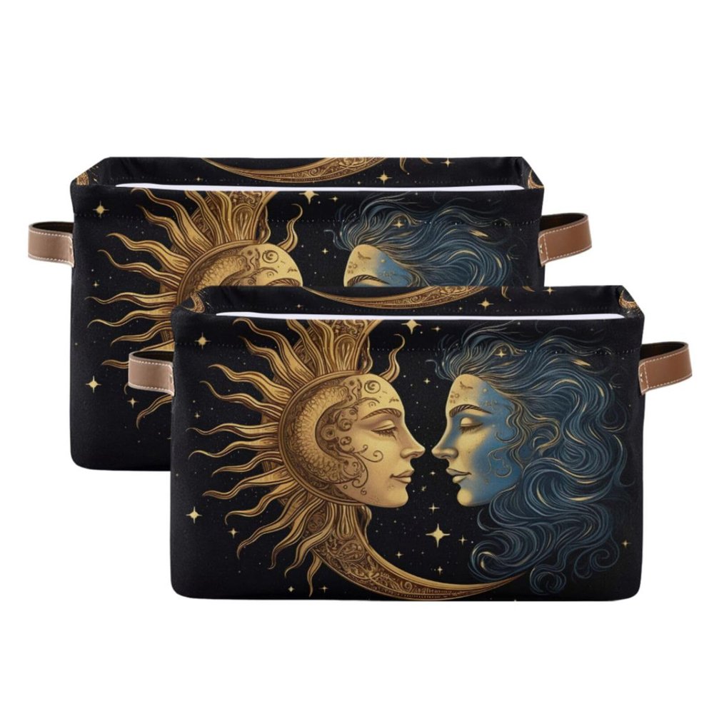 Maunzc Sun and Moon Storage Bins Collapsible Storage Basket with Metal Frame, Fabric Shelves Bins Closet Baskets with Handles, 2-Pack