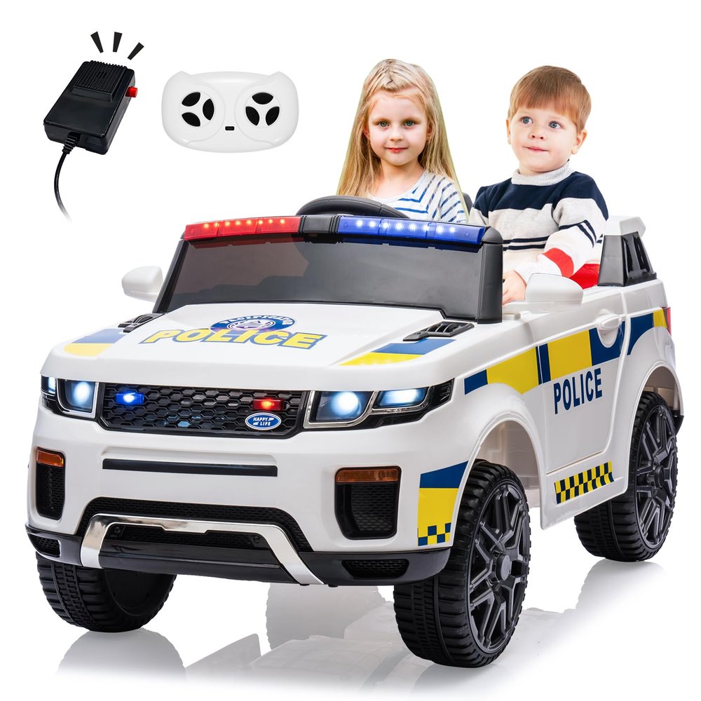 GarveeLife 12V Kids Ride On Police Car with Remote Control Electric Police Car for Kids 3-8 Toddlers Ride On Police Car Toy with LED Flashing Light, Megaphone, Spring Suspension, Handle, Music, White