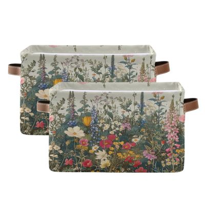 Maunzc Vintage Wild Flowers Storage Bins Collapsible Storage Basket with Metal Frame, Fabric Shelves Bins Closet Baskets with Handles, 2-Pack