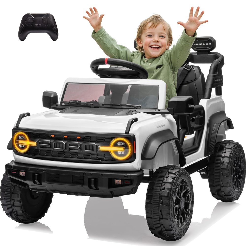 Segmart 12V Powered Electric Car, Licensed Ford Bronco Raptor, Kids Jeep, Kids Electric Vehicle Car, 4 Wheeler Suspension, 3-Speed, Headlight/Music Player/Durable Tires (White)