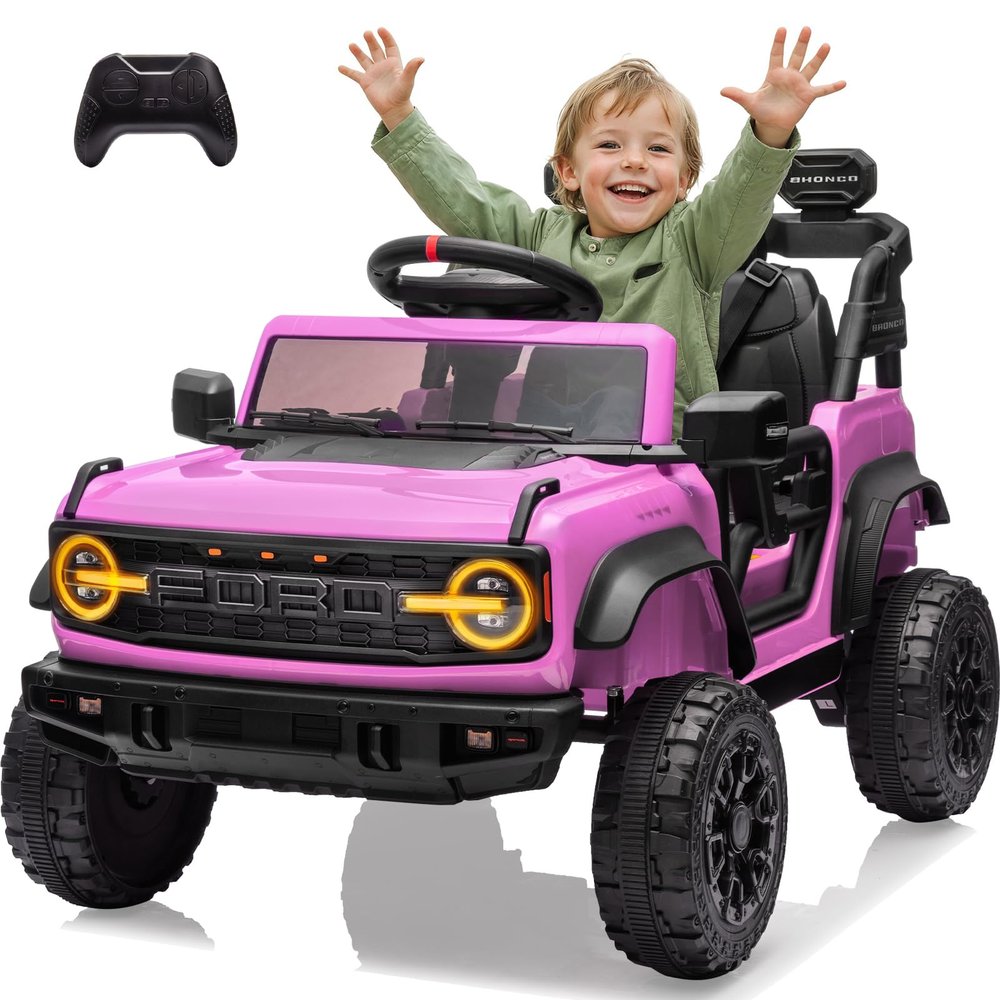 Segmart 12V Powered Electric Car, Licensed Ford Bronco Raptor, Kids Jeep, Kids Electric Vehicle Car, 4 Wheeler Suspension, 3-Speed, Headlight/Music Player/Durable Tires (Pink)