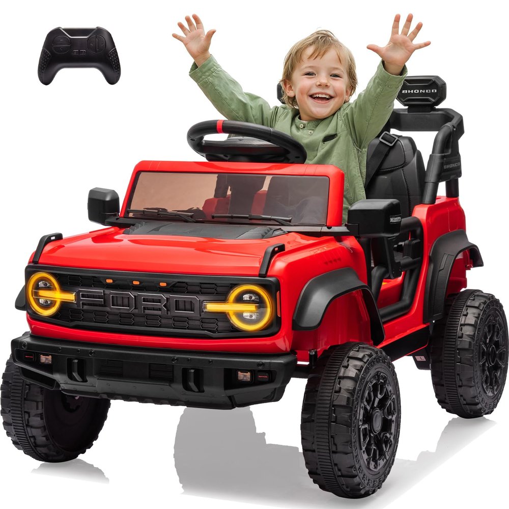 Segmart 12V Powered Electric Car, Licensed Ford Bronco Raptor, Kids Jeep, Kids Electric Vehicle Car, 4 Wheeler Suspension, 3-Speed, Headlight/Music Player/Durable Tires (Red)