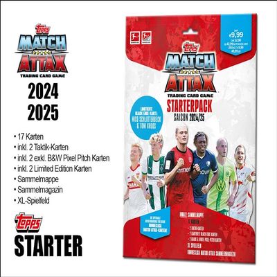 Topps Bundesliga Match Attax 24/25 Starter Pack: 17 Cards, Including 2 Tactical, 2 Black & White Pixel Pitch, 2 Limited Edition, Collector's Magazine, Playing Field