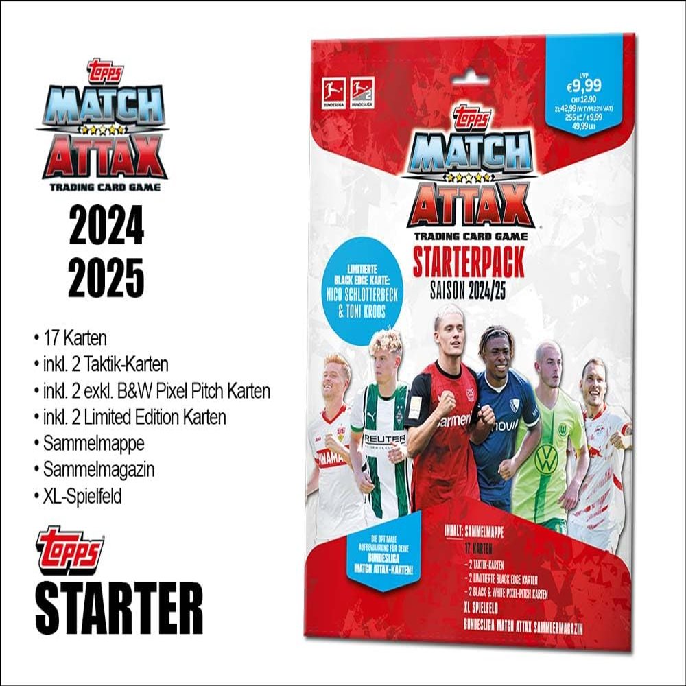 Topps Bundesliga Match Attax 24/25 Starter Pack: 17 Cards, Including 2 Tactical, 2 Black & White Pixel Pitch, 2 Limited Edition, Collector's Magazine, Playing Field