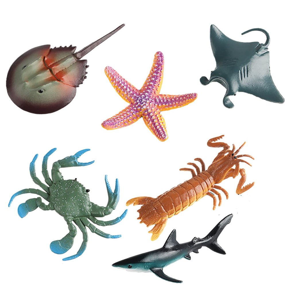 AENIMELY 6PCS Ocean Animal Toy Set for Kids, Realistic Shark, Crab Animal Figures Cake Topper Figurine for Educational Play
