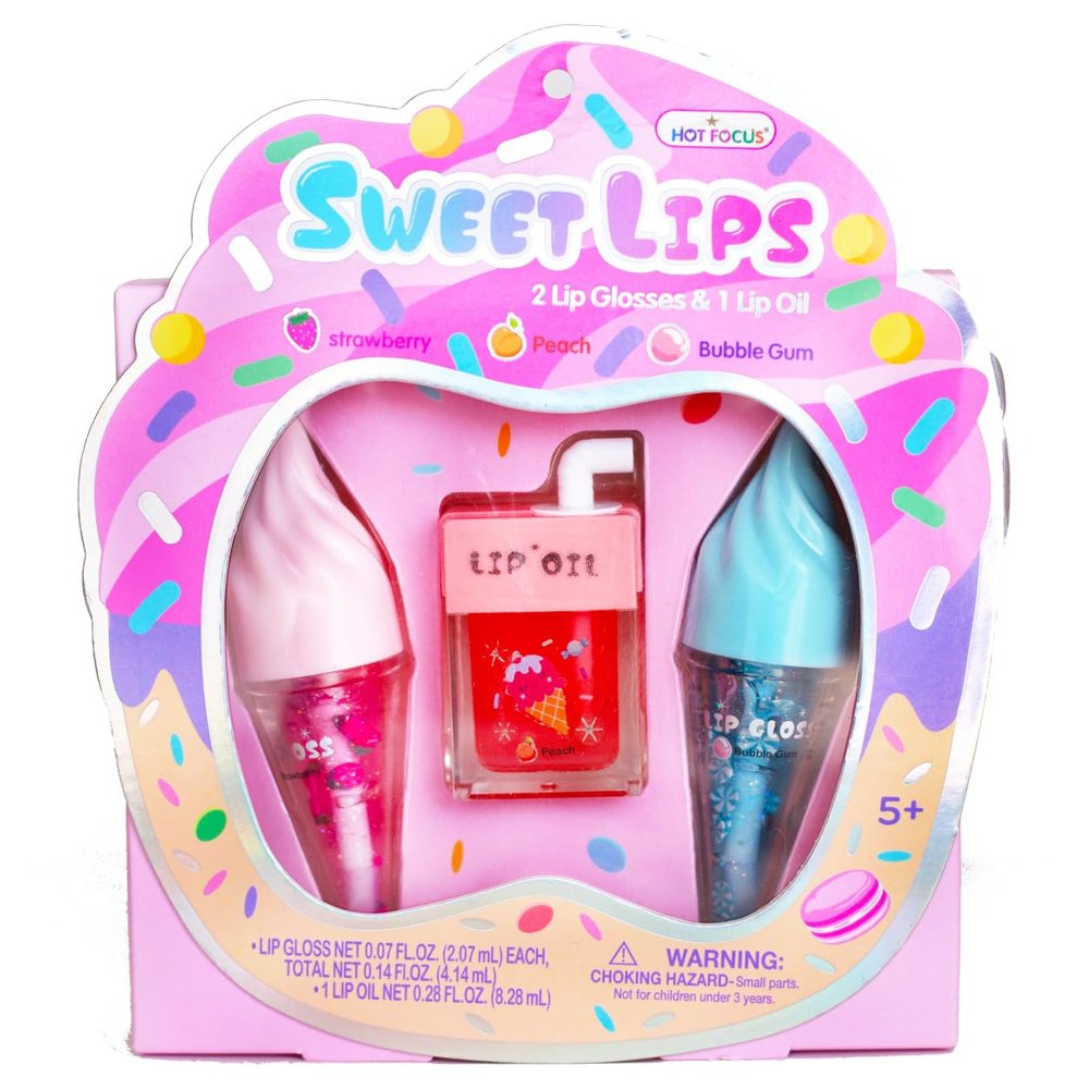 Hot Focus | Strawberry and Buble Gum Ice Cream Flavored Lip Gloss Set Assorted Lip Gloss Flavors, Non-Toxic Makeup for Kids & Teens (Sweet)