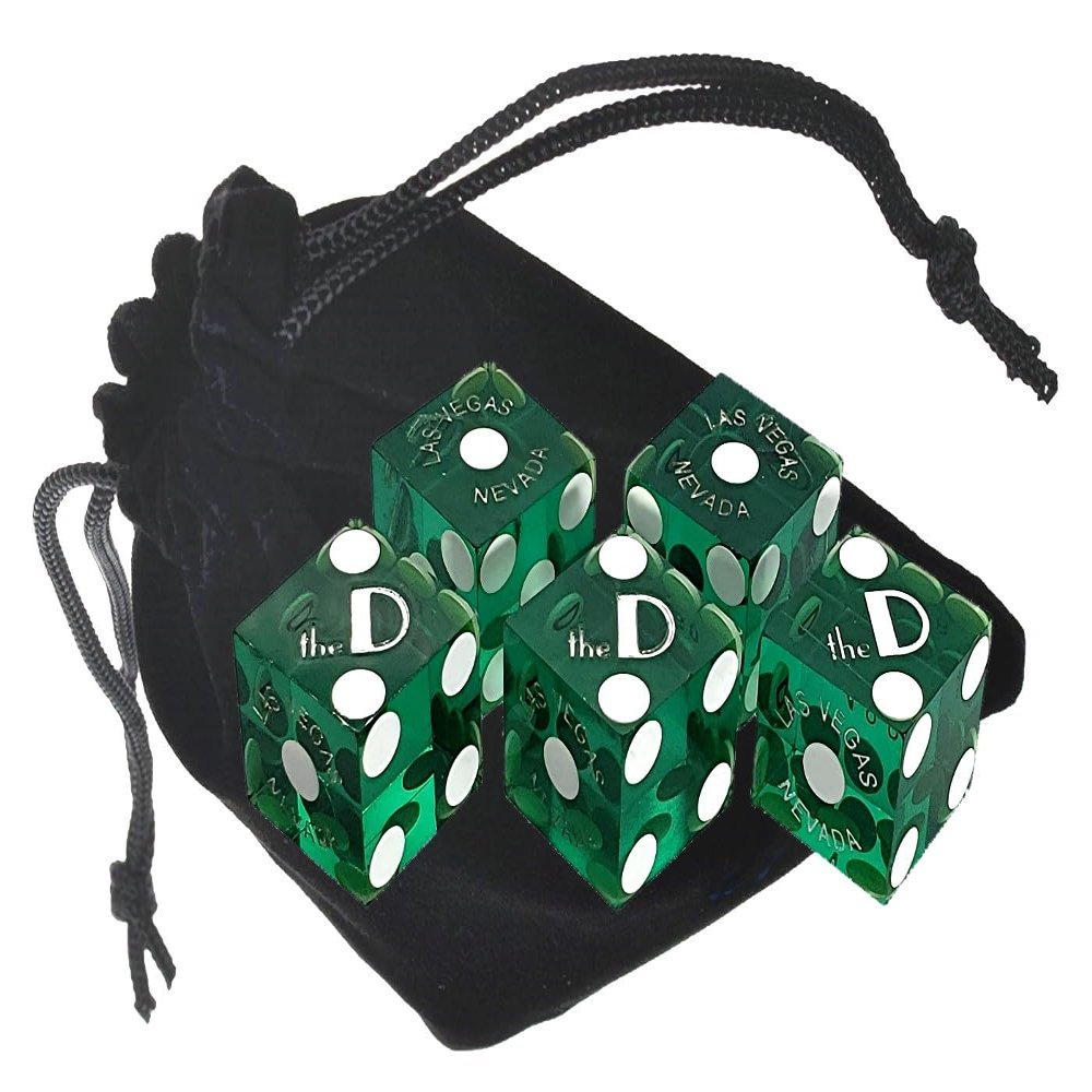 Authentic Las Vegas Casino Dice Craps Stick Sets with Matching Serial Numbers 5-Dice ... Plus Storage Pouch - The D (Green Polished)