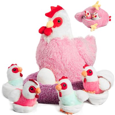9 in 1 Chicken Stuffed Animal Set, Stuffed Chicken Toys for Kids Egg Laying Hen with Coop, Baby Chicks Plush Chickens and Eggs for Kids Valentines Christmas Birthday Easter Gifts Party Decor (Pink)