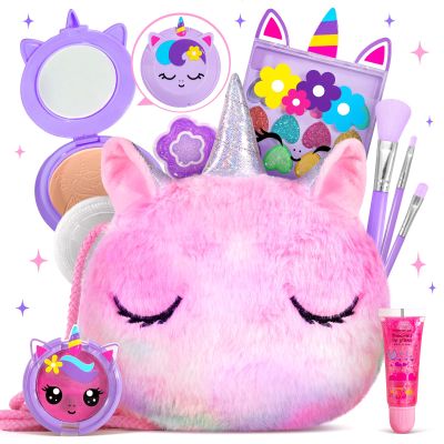 ULOVEME Kids Real Makeup Kit for Girls with Fluffy Purse - Real, Non Toxic, Washable Make Up Toy - Umicorn Toys Gift for 3 4 5 6 7 8 Years Old Girls Birthday