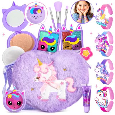 ULOVEME Kids Real Makeup Kit for Little Girls - Real, Non Toxic, Washable Make Up Toy - Umicorn Toys Gift for 3 4 5 6 7 8 9 10 12 Years Old Girls Birthday (Heart Shaped Purple Purse)