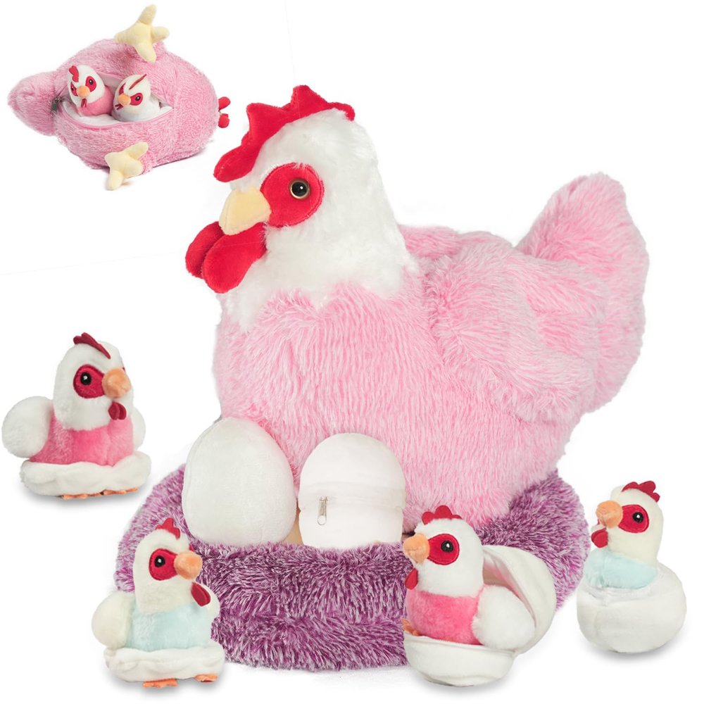9 in 1 Valentines Chicken Stuffed Animal Set, Stuffed Chicken Plush Toy Zippered Egg Laying Hen with Baby Chicks Plush Chickens, Eggs and Coop Chicken Toys for Kids Girls Boys Birthday Gifts Decor