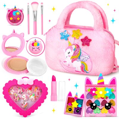 ULOVEME Kids Real Makeup Kit for Little Girls - Real, Non Toxic, Washable Make Up Toy - Umicorn Toys Gift for 3 4 5 6 7 8 9 10 12 Years Old Girls Birthday (Fluffy Plush Unicorn Handbag)