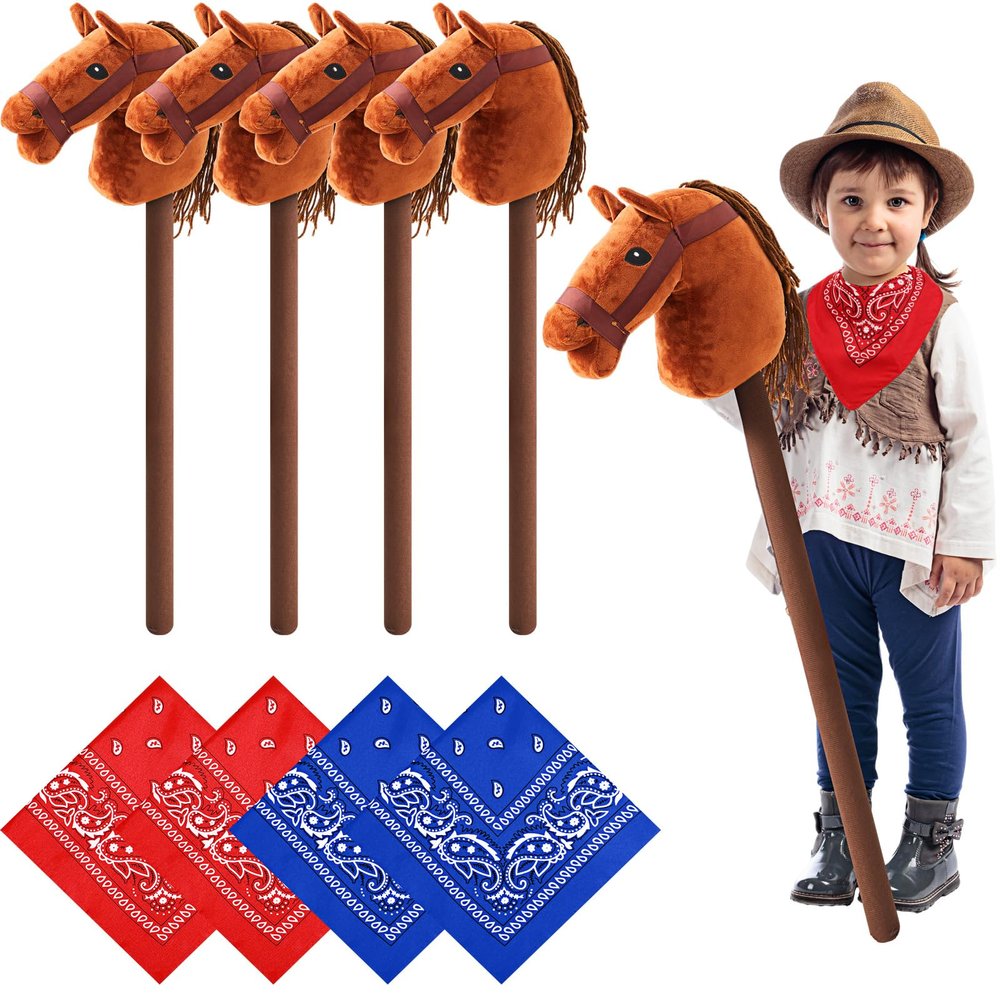 Poen 4 Pack Light Brown Horse Stick with Sound Red and Blue Bandana Set 27.6'' Toys Stick Horse Western Cowboy Bandana with Neighing Sound for Boys Girls Fun Pretend Games(Dark Brown)