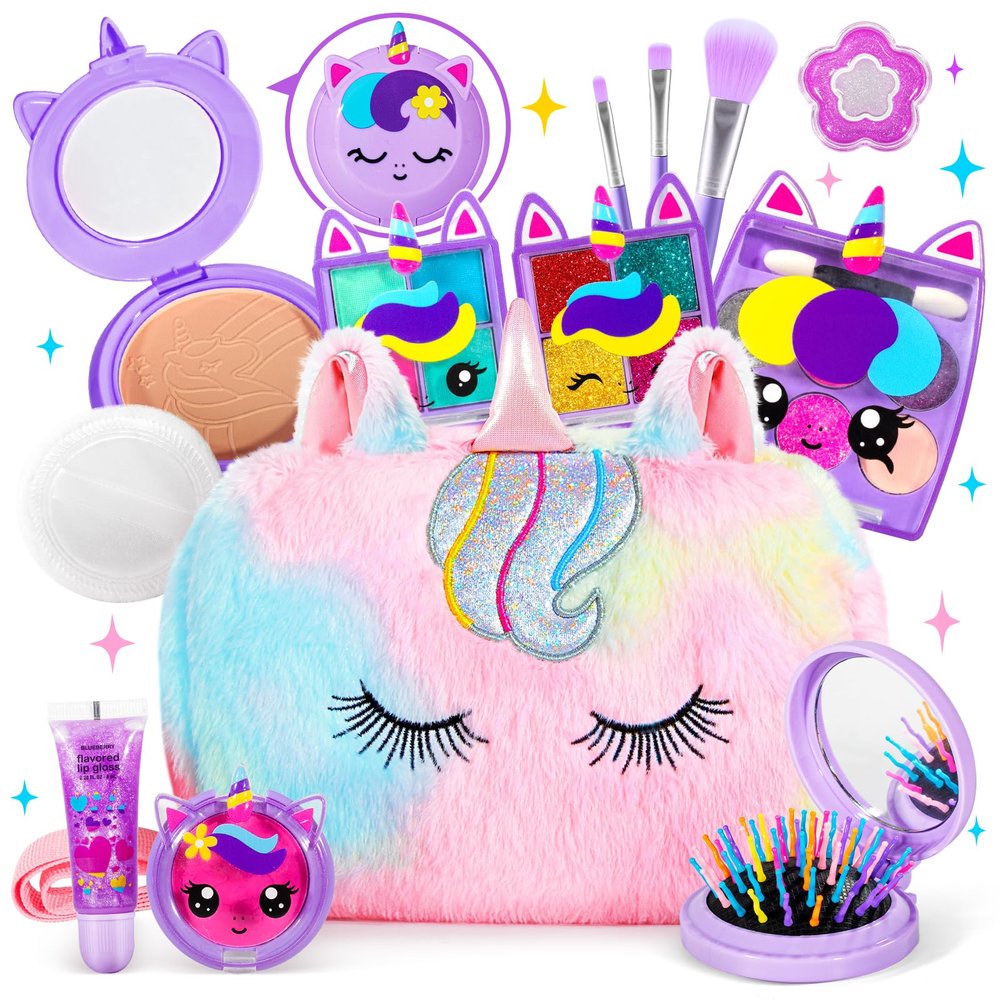ULOVEME Kids Real Makeup Kit for Little Girls - Real, Non Toxic, Washable Make Up Toy - Umicorn Toys Gift for 3 4 5 6 7 8 9 10 12 Years Old Girls Birthday (Rainbow Crossbody Bag)