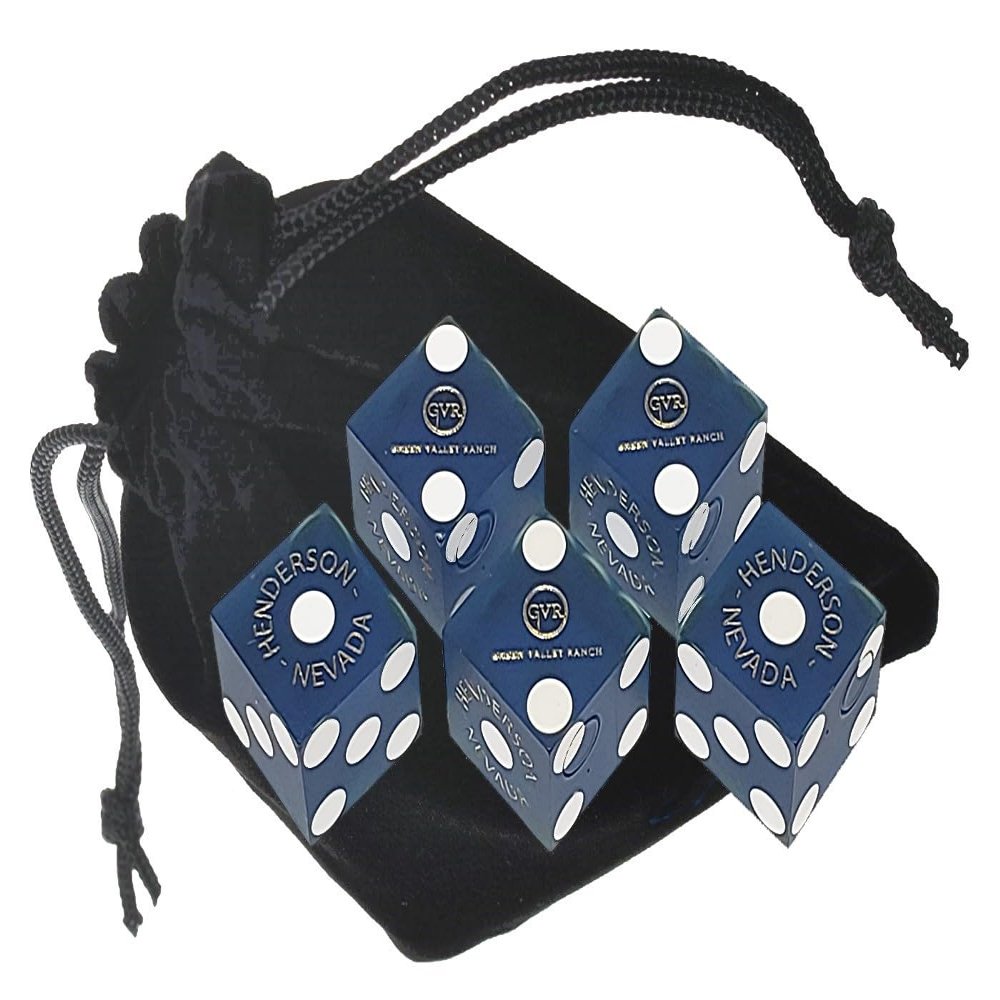 Authentic Lake Tahoe Reno Nevada Non-Vegas Casino Table-Played Craps Dice Set with Pouch, Full Stick of 5 Matching Serial Numbers (Henderson Green Valley Ranch - Blue Frosted)