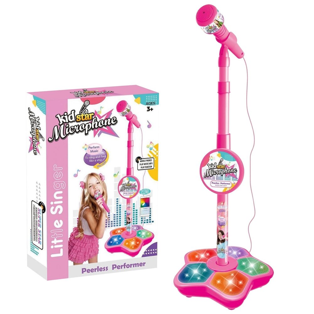 for Kids, Adjustable Kids Microphone with Stand, Wired Interactive Educational Lights Flashing Microphone for Kids Birthday Gifts, Red