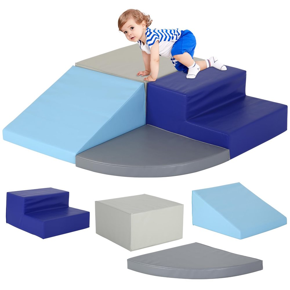 4 PCS Baby Foam Climbing Blocks for Toddlers, Foam Play Gym Baby Climbing Blocks Climbing Toys for Toddlers 1-3 Inside, Foam Play Set for Children Development & Indoor Active Play (Blue, Grey)