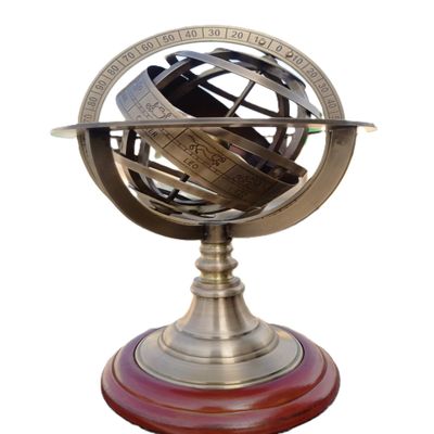 Decorative Armillary Sphere with Engraved Markings, Brass and Wood Base