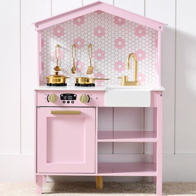 Best Choice Products Pretend Play Wooden Farmhouse Kitchen Set for Kids w/Toy Storage, Clicking Knobs, Windows, 5 Accessories Included - Rose