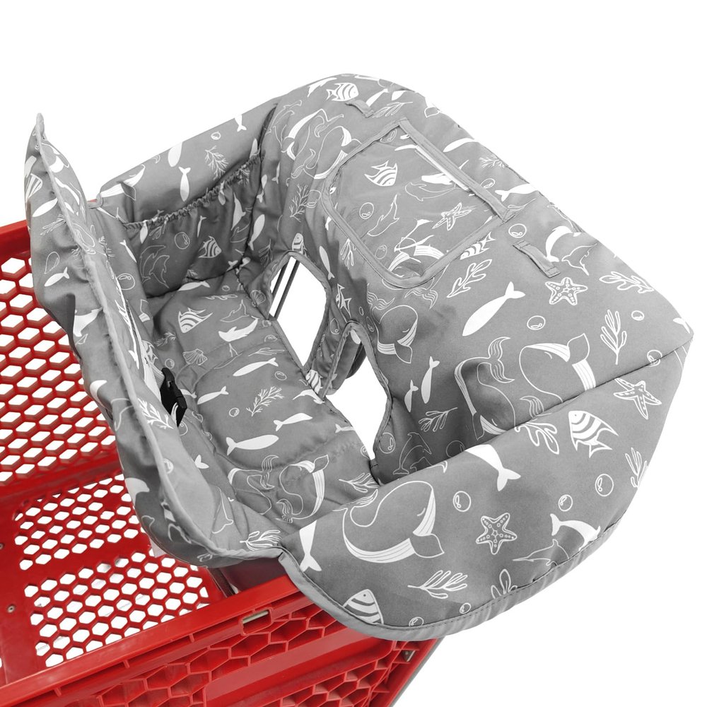 2-in-1 Shopping Cart and High Chair Cover for Baby, Padded Cover, Fold'n Roll Style, Portable with Carry Bag (Gray Seaworld)