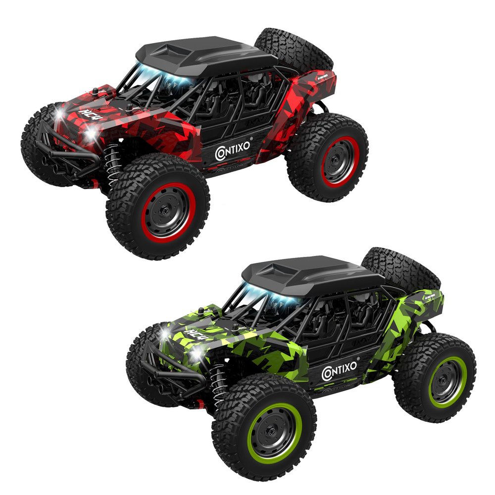 Contixo 1:16 All Terrain RC Cars 2 PAck, 25 MPH High Speed Remote Control Car with 2.4 GHz Remote Control, 4WD Electric Vehicle Off-Road Truck, 4X4 Waterproof RC Trucks Toys for Ages 8-13 - Red, Green