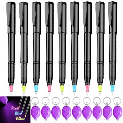 klumuke Invisible Ink Pens with UV Light, Magic Spy Pens with Mini UV LED Keychain Flashlights for Secret Messages, Disappearing Ink Pens with Black Light for Kids, Ideal for Parties and Gifts (9PCS)