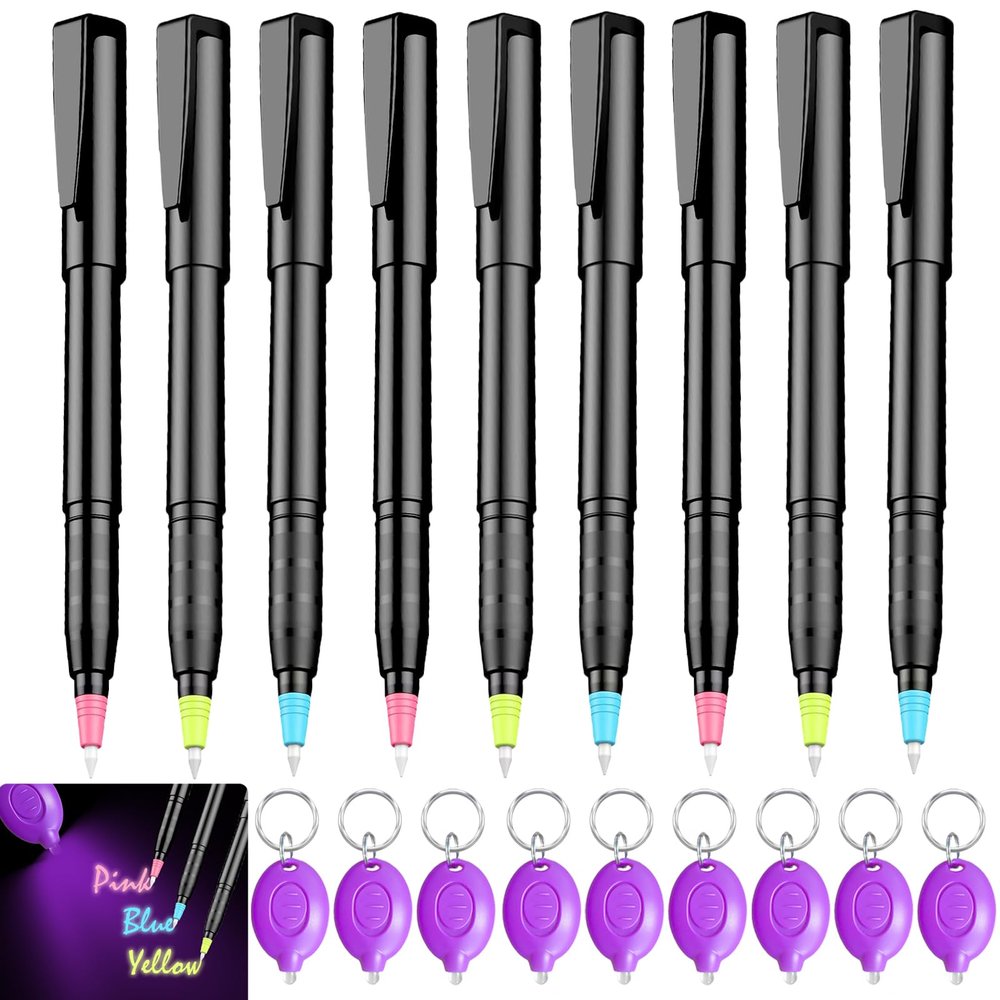 klumuke Invisible Ink Pens with UV Light, Magic Spy Pens with Mini UV LED Keychain Flashlights for Secret Messages, Disappearing Ink Pens with Black Light for Kids, Ideal for Parties and Gifts (9PCS)