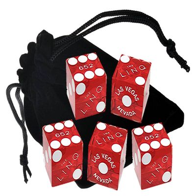 Authentic Las Vegas Casino Dice Craps Stick Sets with Matching Serial Numbers 5-Dice Plus Storage Pouch - The Linq (Red Polished)