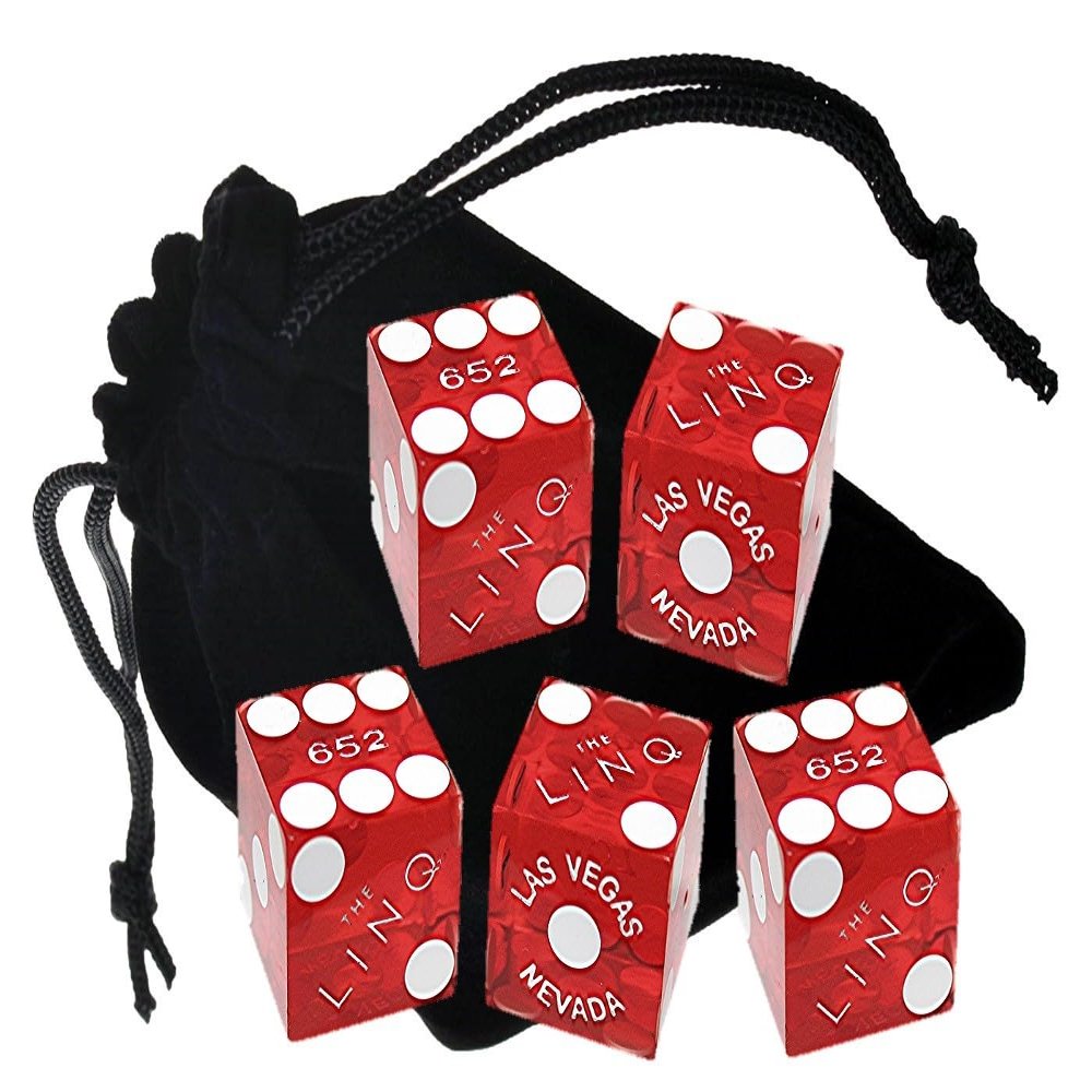 Authentic Las Vegas Casino Dice Craps Stick Sets with Matching Serial Numbers 5-Dice Plus Storage Pouch - The Linq (Red Polished)