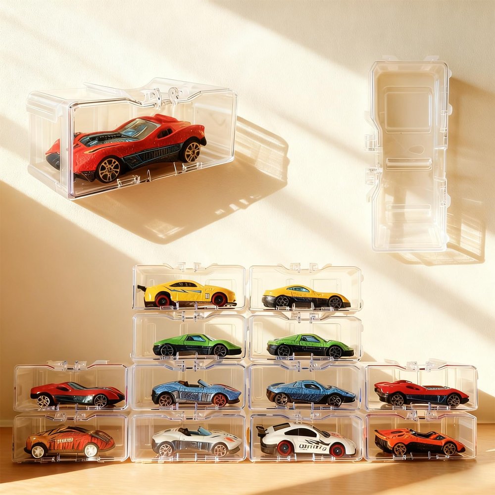 40 Pcs 1/64 Scale Toy Car Display Case for Hot Wheels, Matchbox, Model & Mini Cars Clear Acrylic Storage Organizer with Snap-On Dust Cover for Collectibles (White Transparent)