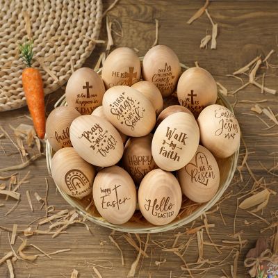 Colingmill 17 Pcs Easter Eggs 2.4" Tall Wooden Laser Engraved Fake Eggs for Craft Easter Hunt Basket Stuffers Fillers Party Supplies(Wood Color)