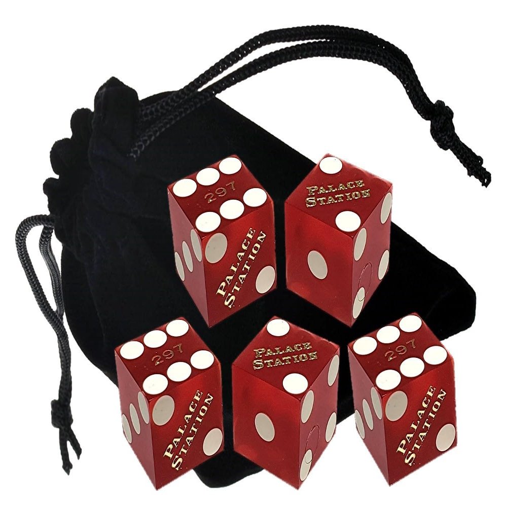 Authentic Las Vegas Casino Dice Craps Stick Sets with Matching Serial Numbers 5-Dice Plus Storage Pouch - Palace Station (Red Frosted)