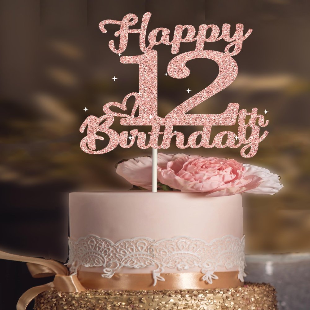 12th Birthday Cake Topper - Double Sided Rose Rose Gold Glitter, Happy 12th birthday Cake Topper for girls,12 Cake Topper For girls, 12th birthday decorations,12th Birthday Cake Topper Twelve