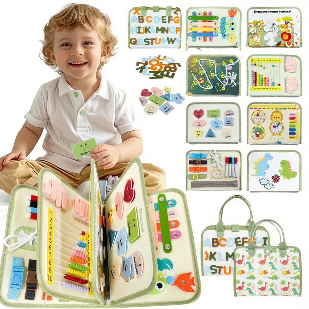 Aurasys Toddler Busy Board - Montessori Busy Book Travel Toys Sensory Board Educational Activity Book for Learning Fine Motor Skills, Gifts for Girls Boys Toddler