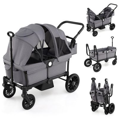 HONEY JOY Wagon Stroller for 2 Kids, 2 Seater Toddler Quad Stroller Wagon, Adjustable Push/Pull Handle Bar, Drop-Down Footwell & Upholstered Seats, Collapsible Kids Wagon with Canopy(Gray)