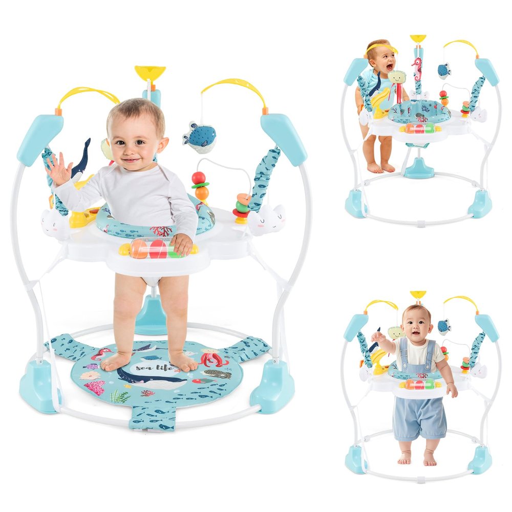 HONEY JOY Baby Bouncer Activity Center, Infant Jumper and Table w/ 360 Rotary Seat, 3 Adjustable Heights, Mat, Music, Lights, Sounds & Developmental Toys, Activity Center for Babies (Light Blue)