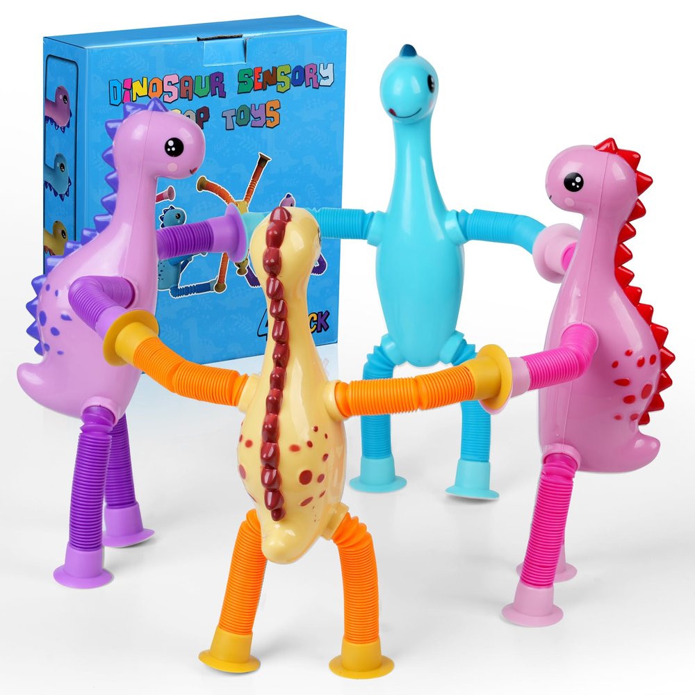 4Pcs Valentine's Day Dinosaur Pop Sensory Tubes,Airplane Travel Fidget Toys for Toddlers Boys Girls ADHD Autism Plane Road Trip Activities Essential Suction Cup Pop Dino Fidget Toys Autistic Gifts