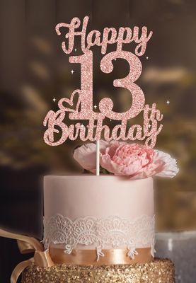 13th Birthday Cake Topper - Double Sided Rose Rose Gold Glitter, Happy 13th birthday Cake Topper for girls,13 Cake Topper For girls, 13th birthday decorations,13th Birthday Cake Topper Thirteen