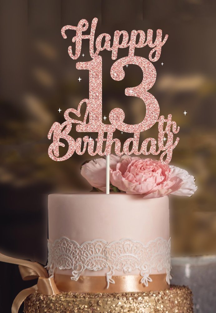 13th Birthday Cake Topper - Double Sided Rose Rose Gold Glitter, Happy 13th birthday Cake Topper for girls,13 Cake Topper For girls, 13th birthday decorations,13th Birthday Cake Topper Thirteen