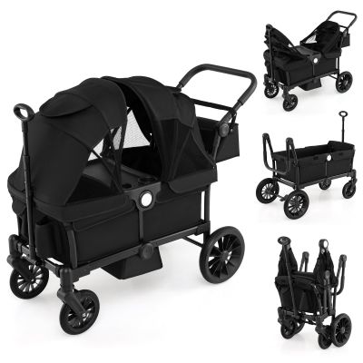 HONEY JOY Wagon Stroller for 2 Kids, 2 Seater Toddler Quad Stroller Wagon, Adjustable Push/Pull Handle Bar, Drop-Down Footwell & Upholstered Seats, Collapsible Kids Wagon with Canopy(Black)