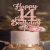 14th Birthday Cake Topper - Double Sided Rose Rose Gold Glitter, Happy 14th birthday Cake Topper for girls,14 Cake Topper For girls, 14th birthday decorations,14th Birthday Cake Topper Fourteen view 1