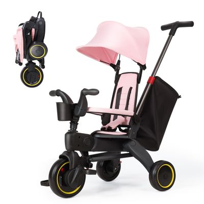 5-in-1 Compact, Foldable Tricycle - Suitable for Toddlers 10 to 36 Months Push Tricycle Bike for Toddlers with Removable Handle Seat Adjustable Canopy for Kids Pink