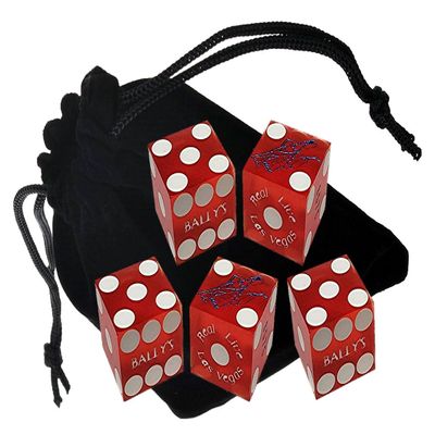 Authentic Las Vegas Casino Dice Craps Stick Sets with Matching Serial Numbers 5-Dice Plus Storage Pouch - Bally's (Red Frosted)