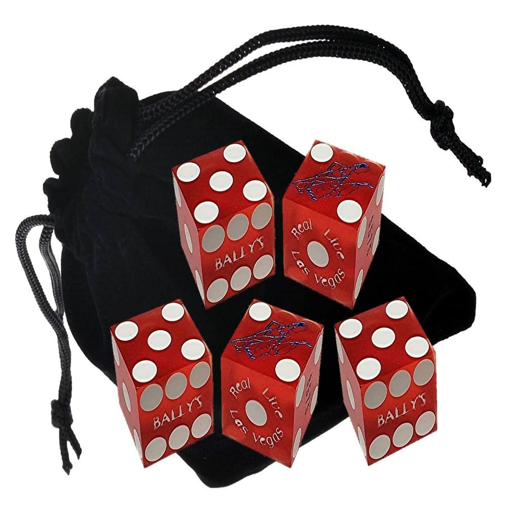 Authentic Las Vegas Casino Dice Craps Stick Sets with Matching Serial Numbers 5-Dice Plus Storage Pouch - Bally's (Red Frosted)