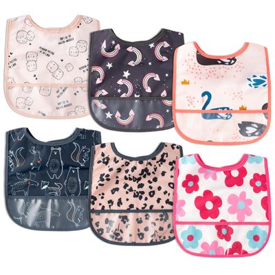 2ooya 6Pcs Waterproof Toddler Bibs Baby Feeding Bib Set with Crumb Catcher Pocket, Infant Adjustable Baby Teething Bib, Babies Sleeveless Animals Food Bibs Keepsake Gift for Baby Shower, 6-24 Months