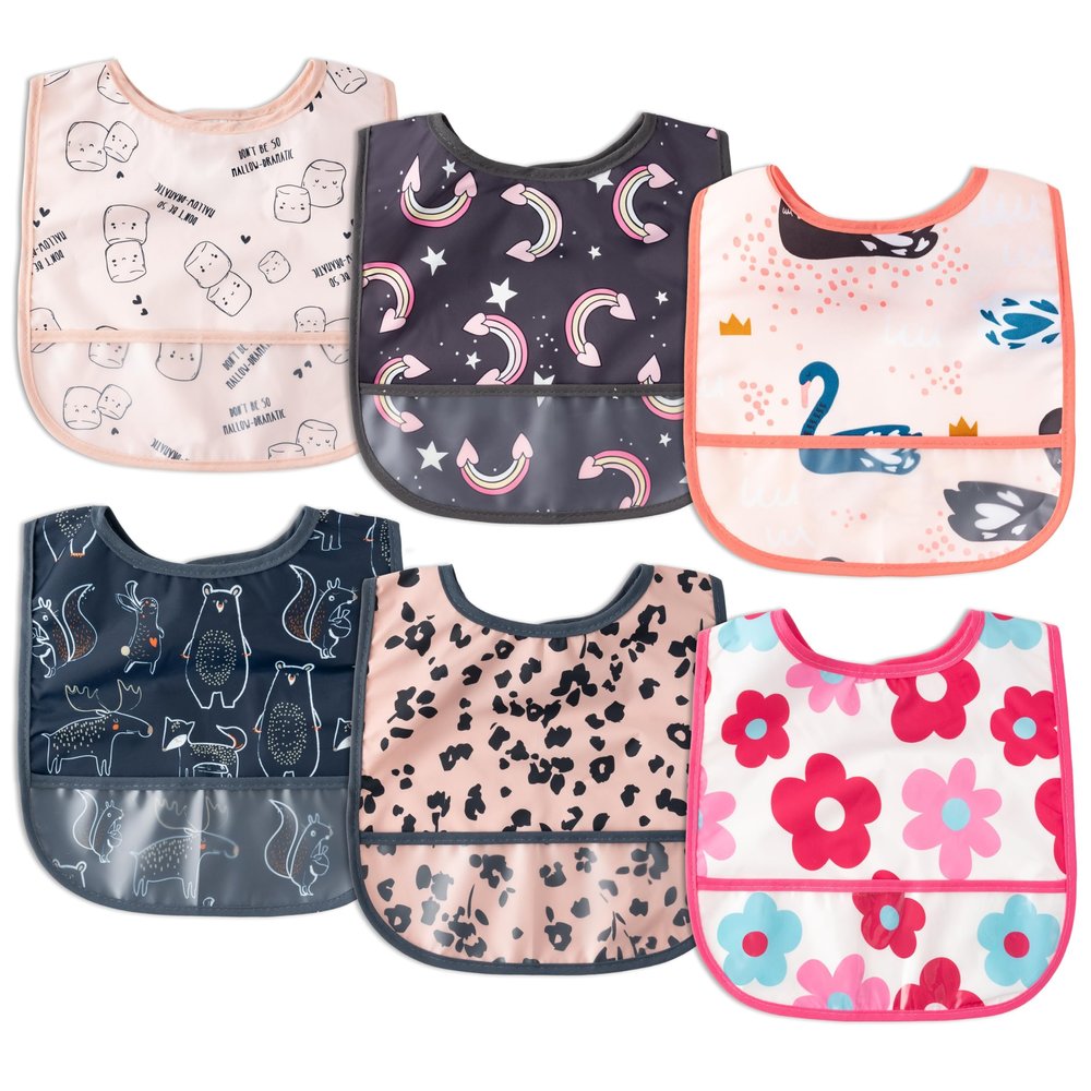 2ooya 6Pcs Waterproof Toddler Bibs Baby Feeding Bib Set with Crumb Catcher Pocket, Infant Adjustable Baby Teething Bib, Babies Sleeveless Animals Food Bibs Keepsake Gift for Baby Shower, 6-24 Months