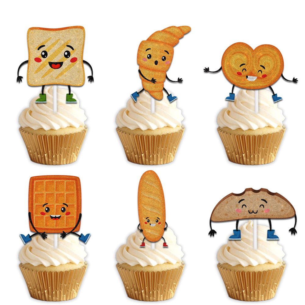 18pcs Gold Glitter Toast Dessert Cupcake Topper Pick for Toast Bread Food Theme Decor Supplies Baby Shower Men Boys Women Girls Happy Birthday Sports Stars Party Decorations